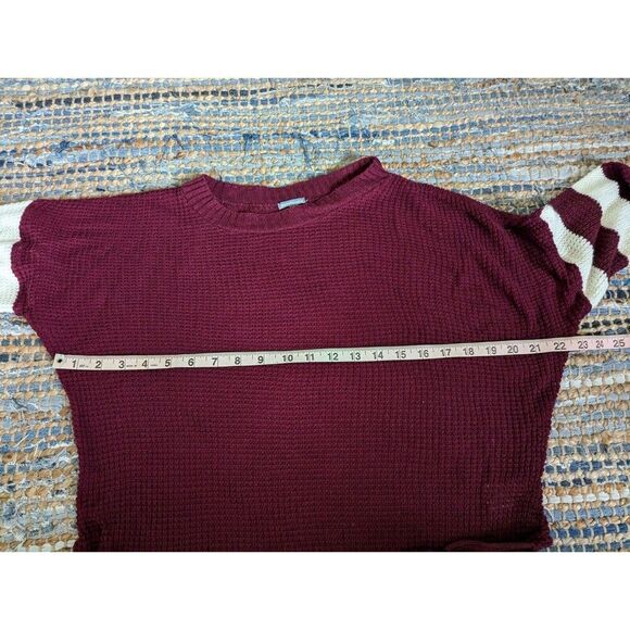Burgundy Rugby Striped Open Knit High Low Sweater L Round Neck Lightweight Retro - Picture 7 of 8
